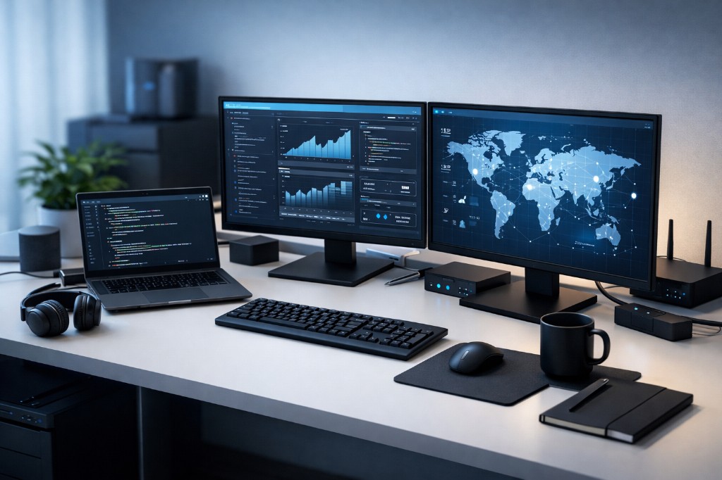 Remote operations desk — monitoring dashboards and global systems view